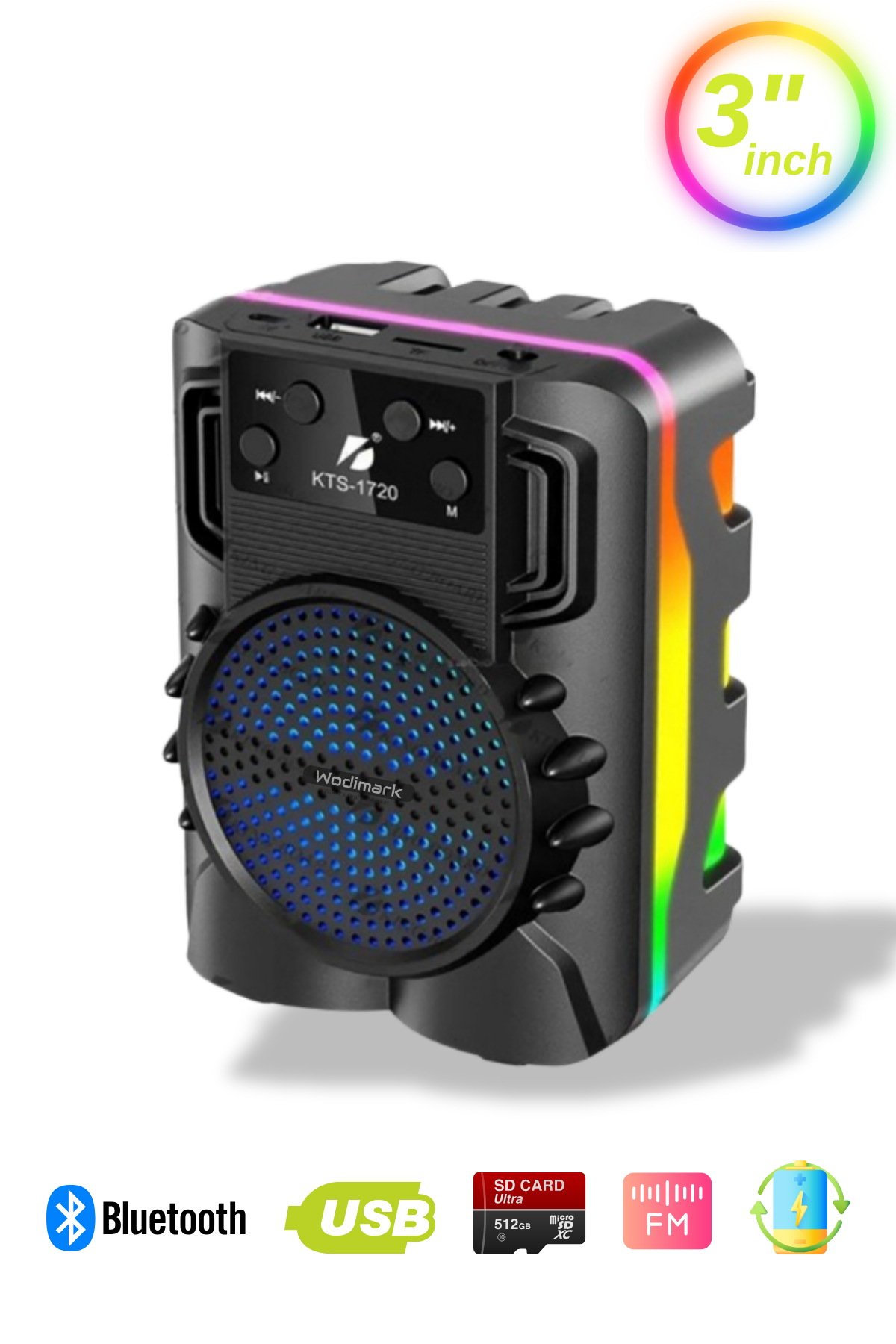 Wodimark Taşınabilir Bluetooth Hoparlör – RGB Işıklı, Extra Bass, Radyolu, USB+S