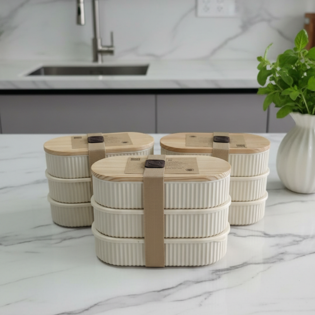 Bambu Kapaklı Saklama Kabı Lunch Box 3'lü