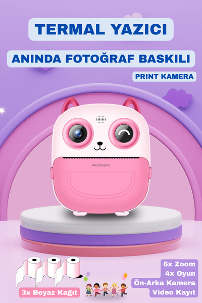 Wodimark Print Camera Çocuk Fotoğraf Makinesi Dijital HD Video Kamera Anlık