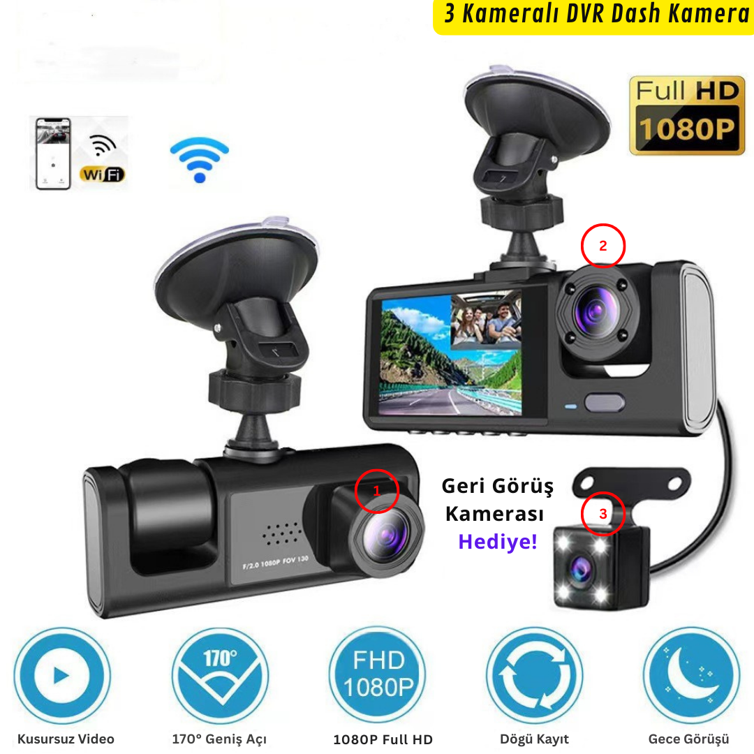 Wodimark 1080P Dash Cam Full Hd Araç içi Kamera Ön Arka ve İç Kayıt 3 Kamera