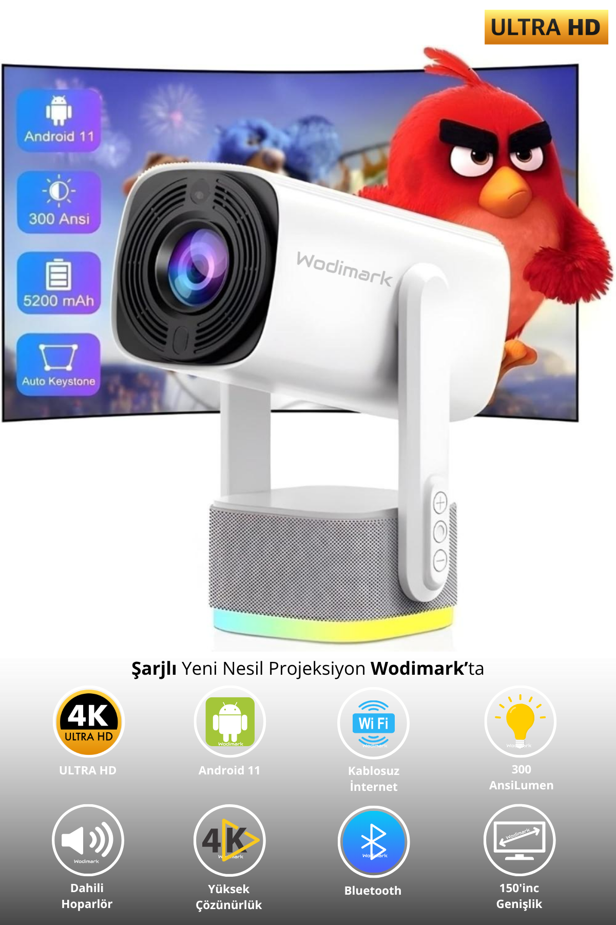 Wodimark K2 Pro+ Taşınabilir Powerbankli Projeksiyon Cihazı