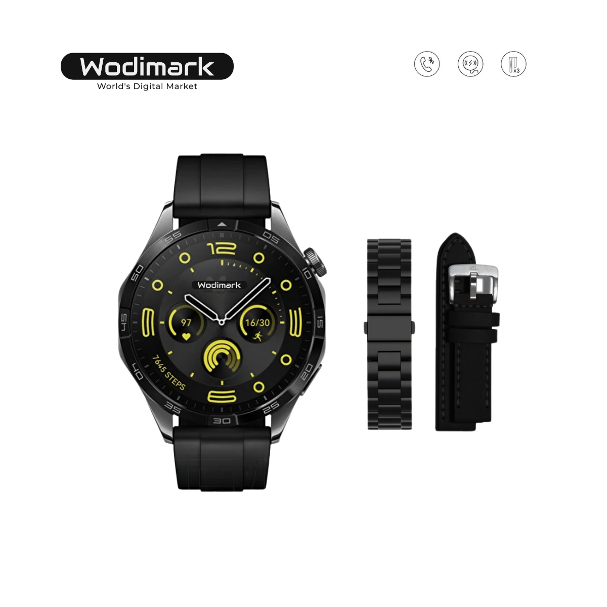 Wodimark GT58 Akıllı Saat – 1.62” AMOLED Ekran, 47mm, Kablosuz Şarj, 3 Kordonlu (Deri + Silikon + Metal), iOS & Android Uyumlu