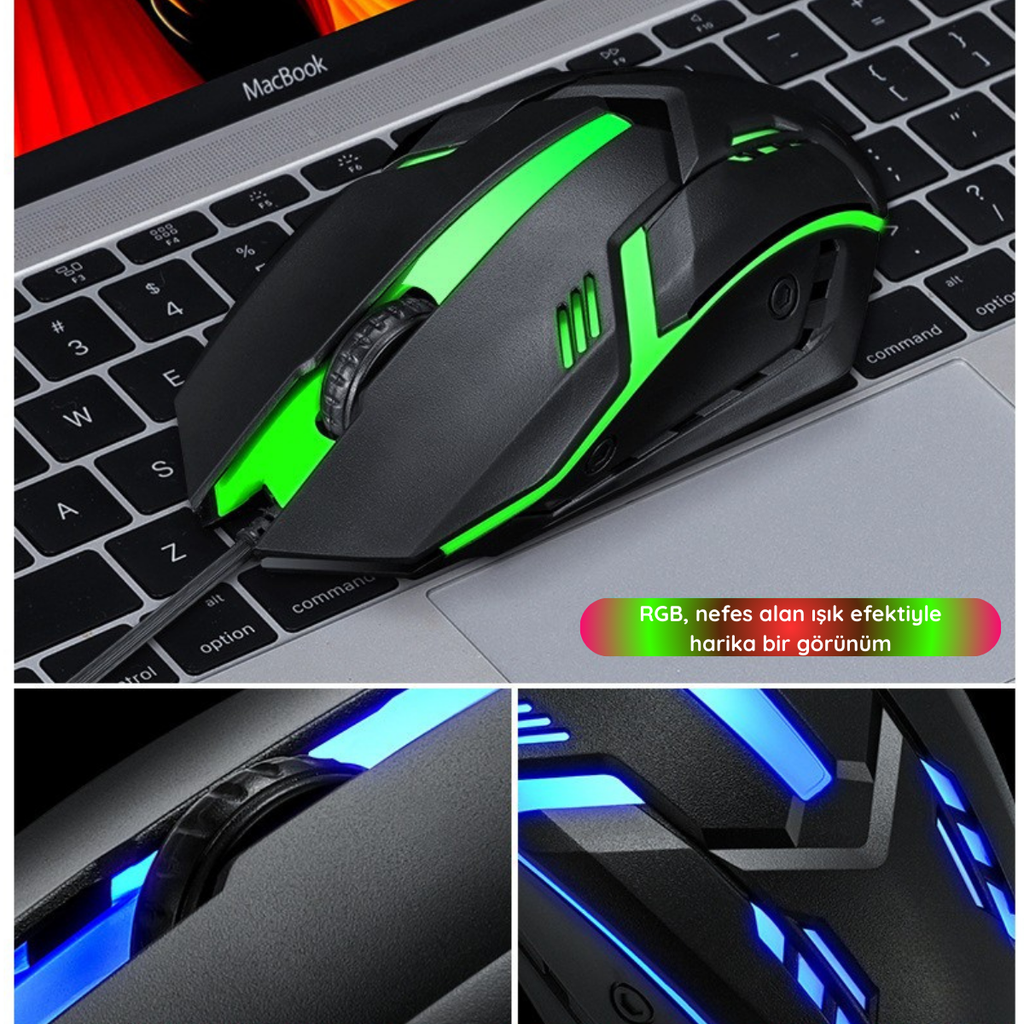 RGB Oyuncu Klavye Mouse Seti | Metal Gövdeli, Tam Boyutlu Q Klavye, 1600 DPI Gaming Mouse | USB Kablolu