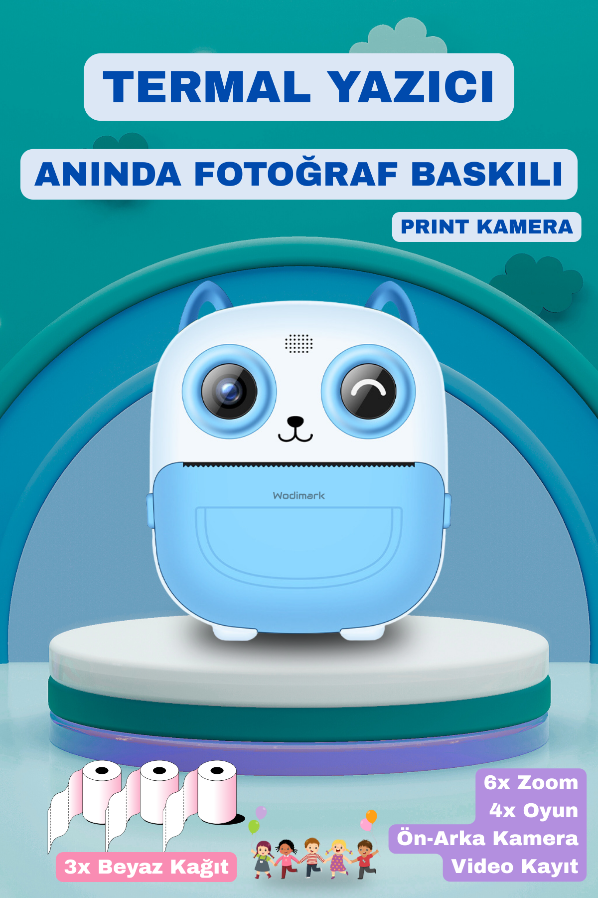 Wodimark Print Camera Çocuk Fotoğraf Makinesi Dijital HD Video Kamera Anlık