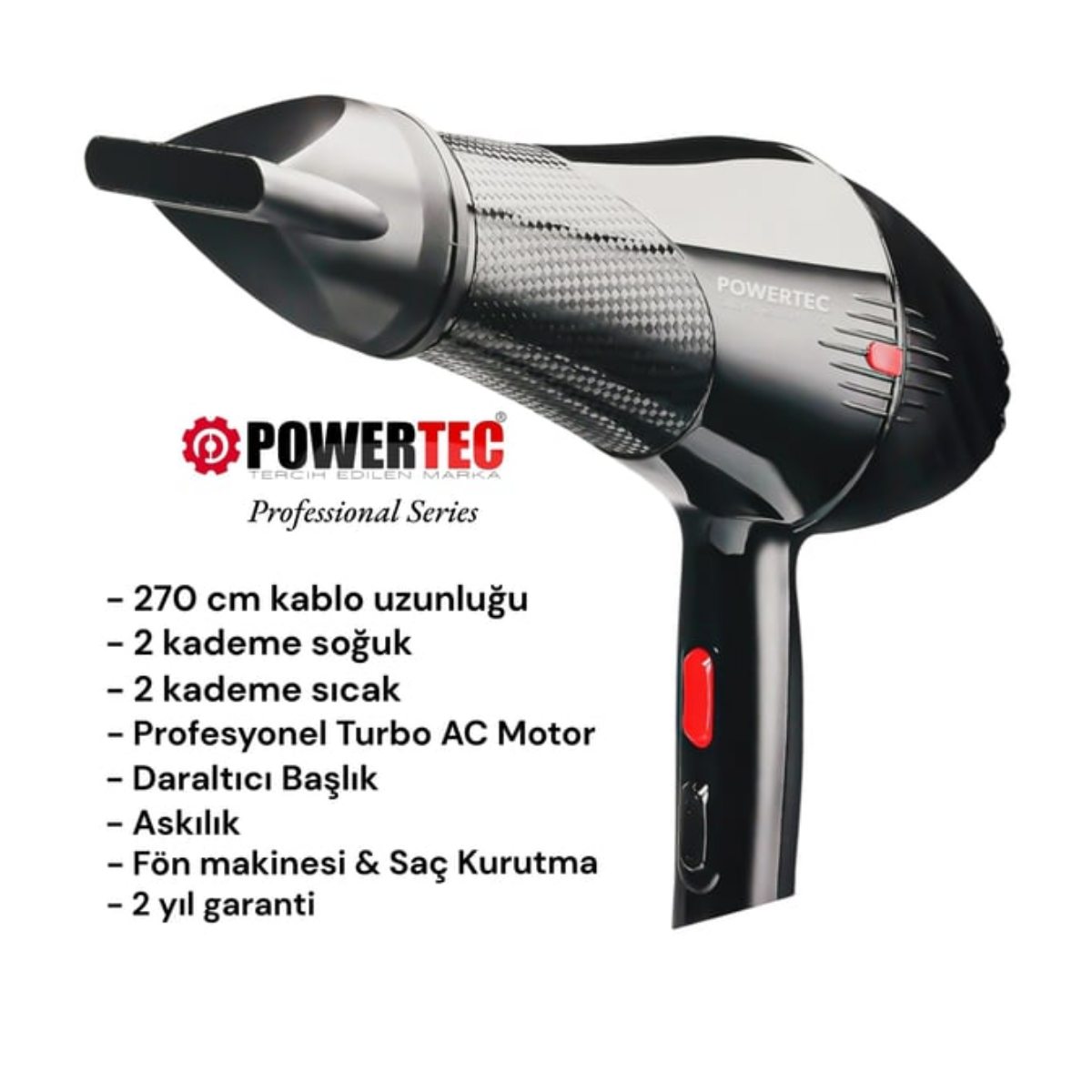 Wodimark Powertec Profesyonel Fön Makinesi 2500W | Turbo AC Motor, 2 Isı 2 Hız, Daraltıcı Başlık, 270 cm Kablo