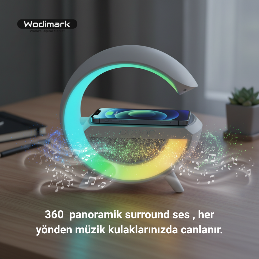 Kablosuz Şarj Standlı RGB Işıklı Bluetooth Hoparlör Gece Lambası Çok Fonk...