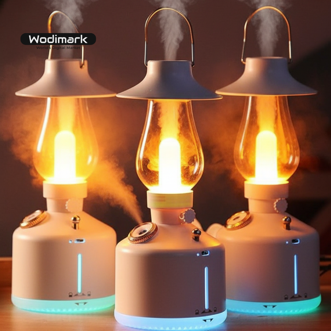 Wodimark Retro Gaz Lambası Görünümlü Şarjlı Hava Nemlendirici | LED Gece Lambası & Aroma Difizör | Sessiz Nano Buhar Teknolojisi