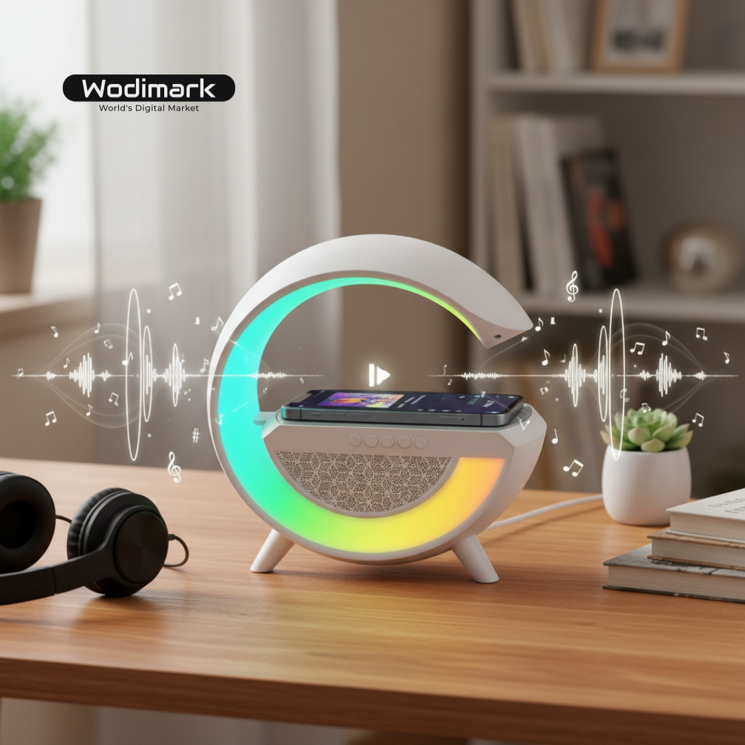 Kablosuz Şarj Standlı RGB Işıklı Bluetooth Hoparlör Gece Lambası Çok Fonk...
