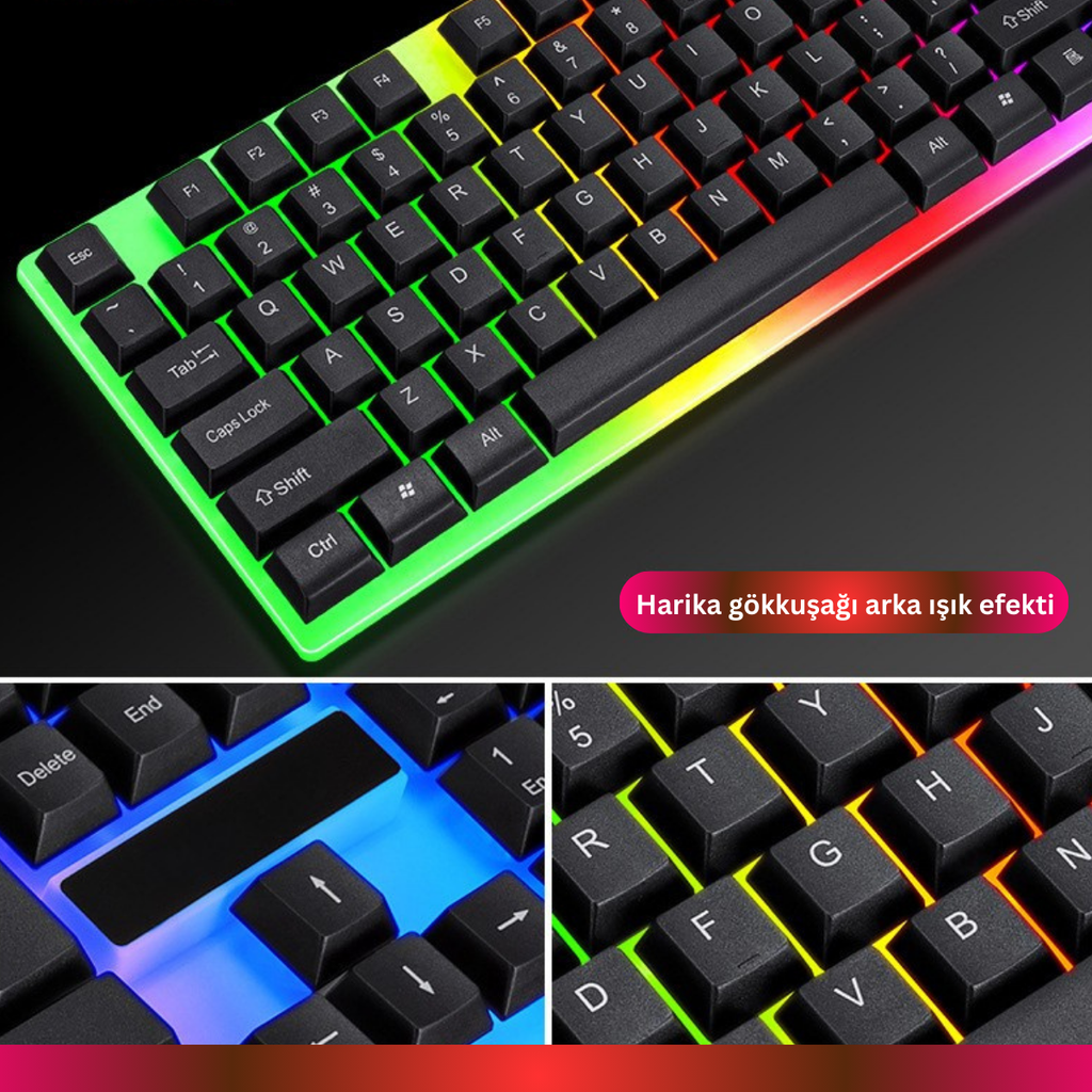 RGB Oyuncu Klavye Mouse Seti | Metal Gövdeli, Tam Boyutlu Q Klavye, 1600 DPI Gaming Mouse | USB Kablolu