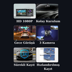 Wodimark 1080P Dash Cam Full Hd Araç içi Kamera Ön Arka ve İç Kayıt 3 Kamera