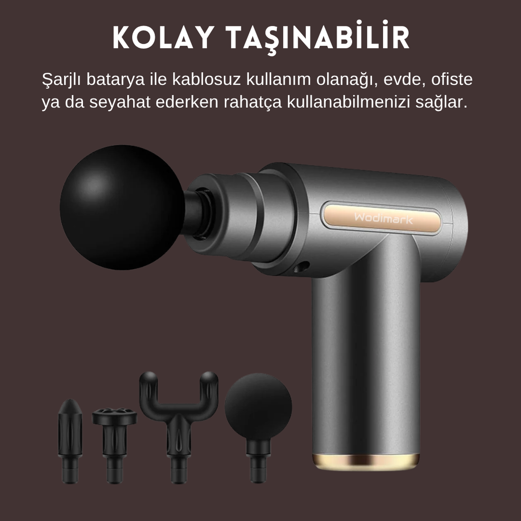Wodimark El Tipi Taşınabilir Kas Masaj Aleti 4 Masaj Başlığı ve 6 Hız Ayarı ile Ağrı Giderici, Şarjlı Mini Masaj Aleti