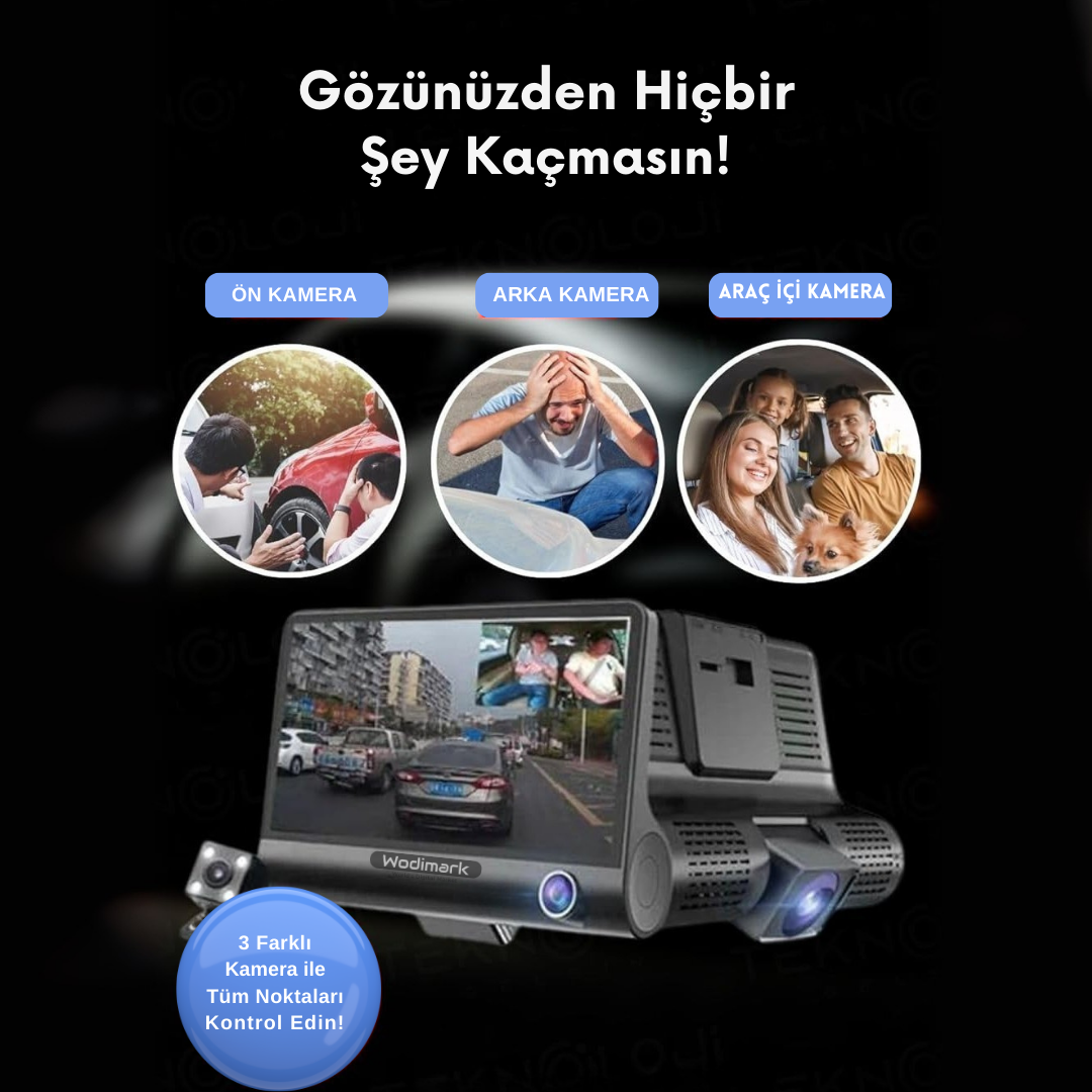 Wodimark 3 Kameralı Araç İçi Kamera Sistemi – Ön/İç/Arka Kayıt, 4" LCD Ekran, 10