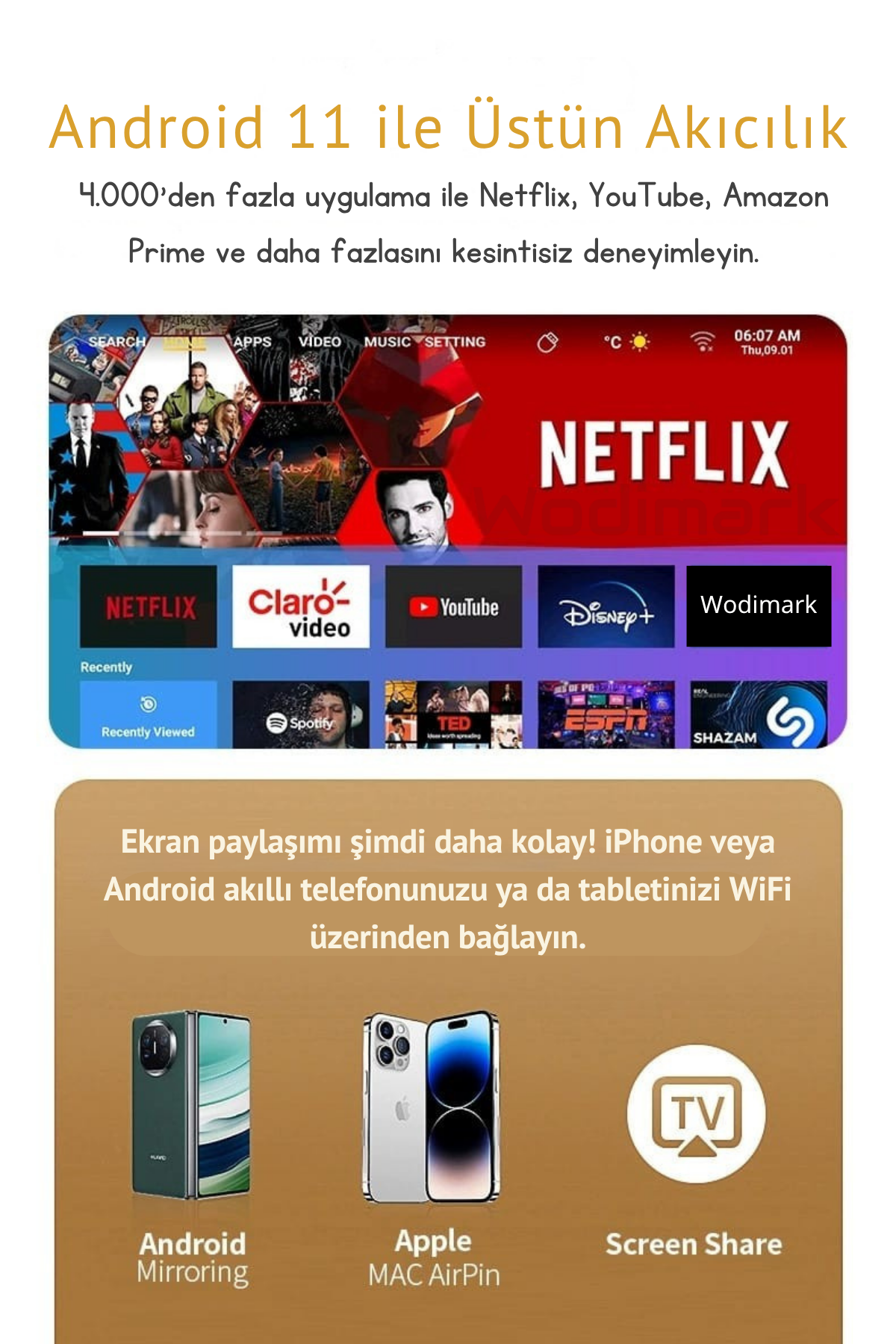 Wodimark Taşınabilir Projeksiyon Cihazı 1080P Full HD, Akıllı Projektör, Ev Sine