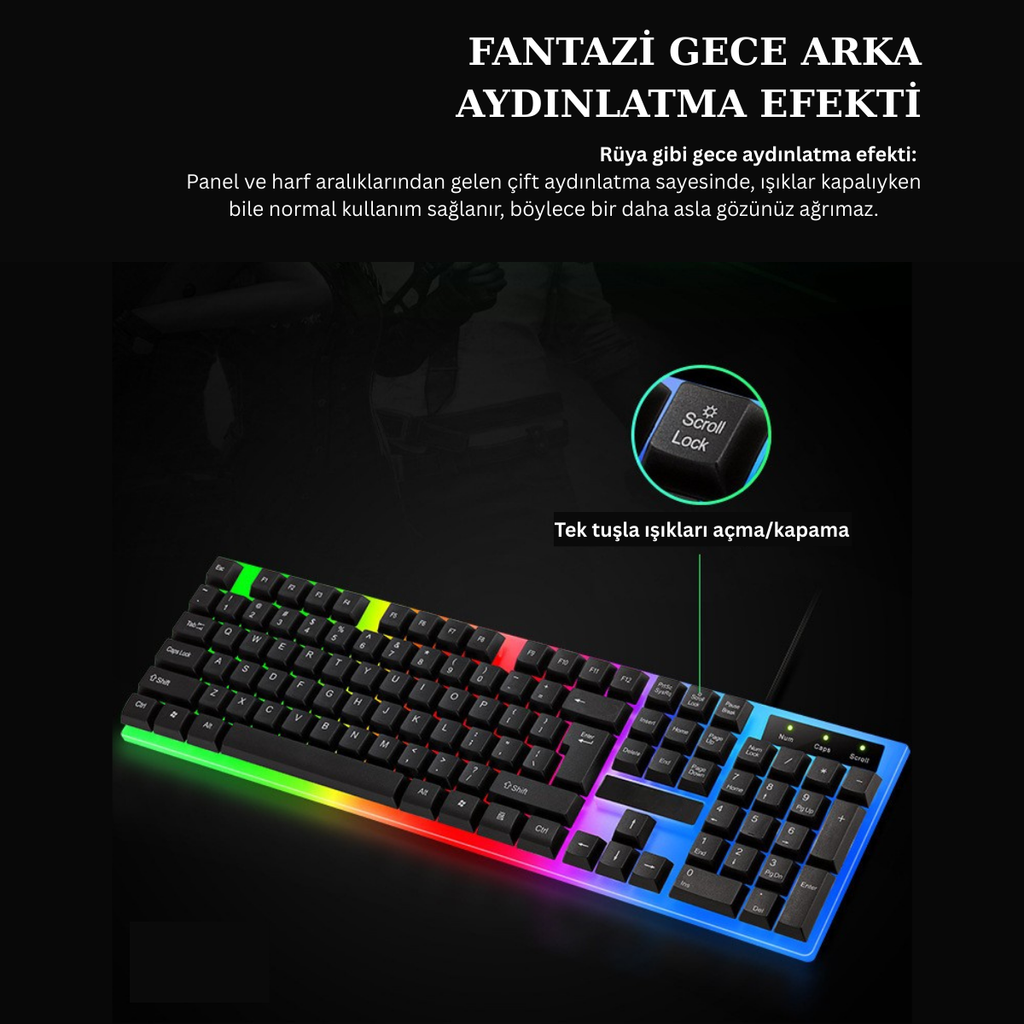RGB Oyuncu Klavye Mouse Seti | Metal Gövdeli, Tam Boyutlu Q Klavye, 1600 DPI Gaming Mouse | USB Kablolu