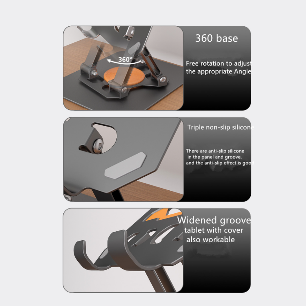 360° Dönebilen Alüminyum Tablet Standı | Yükseklik ve Eğim Ayarlı Metal Tablet Tutucu | 7–12 İnç | iPad Tablet Tutucu