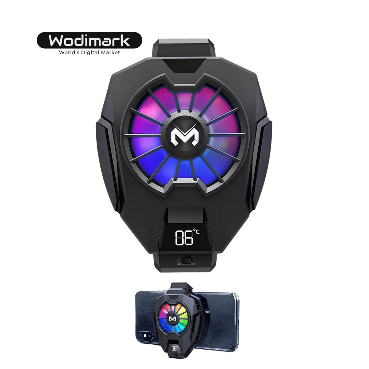 Wodimark 7500RPM LED Işıklı Telefon Soğutucu Fan – Radyatörlü, Sıcaklık Göstergeli, Ultra Sessiz ve RGB Efektli Oyun Soğutucu