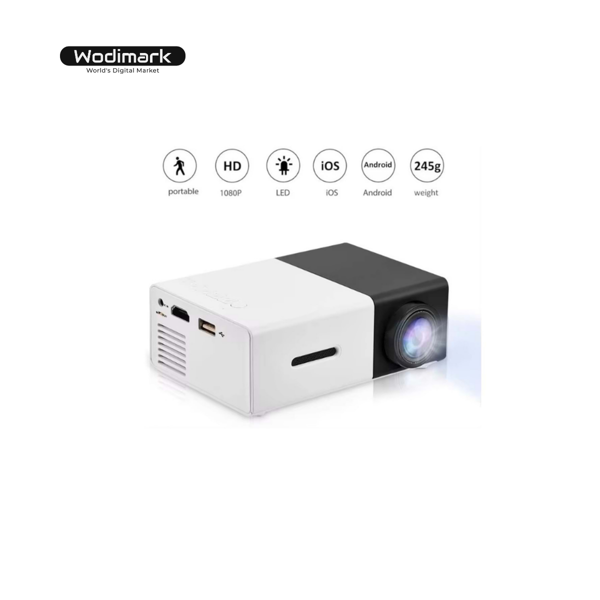 Wodimark YG300 Mini Pro Taşınabilir LED Projeksiyon Cihazı – Android 1080P, Dahili Batarya, HDMI / USB / SD Kart Girişli Ev Sineması Sistemi