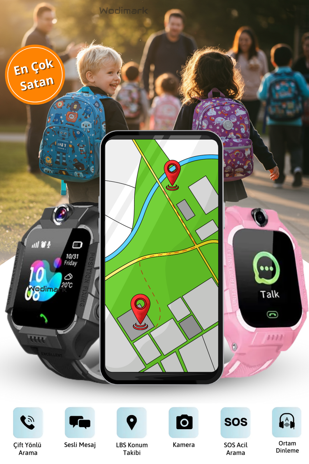 Wodimark Sim Kartlı LBS Konumlu Kameralı Akıllı Çocuk Takip Saati – SOS Acil Arama, Gizli Dinleme, IMEI Kayıt (SİYAH)