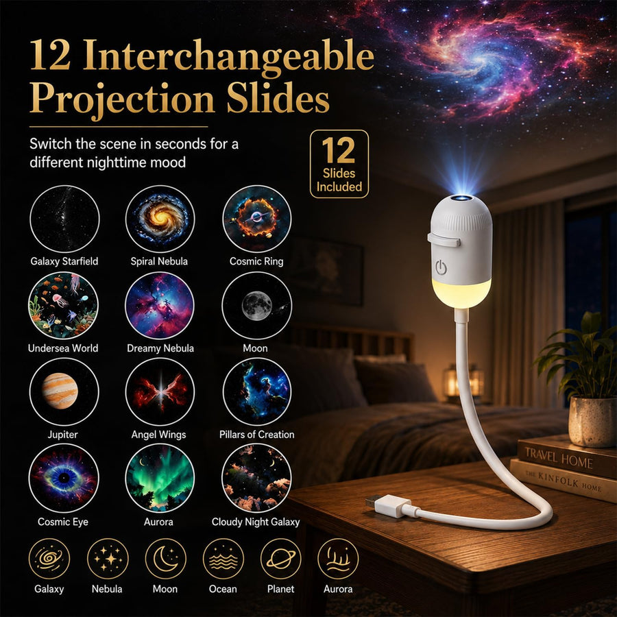 Galaxy Yıldızlı Gökyüzü Projektörü, 2'si 1 Arada 360° Ayarlanabilir LED Uzay Samanyolu Lambası, 12 Adet Film Diskli Yıldızlı Gökyüzü Projektörü, Yatak Odası Parti Dekorasyon Hediye İçin Tavan