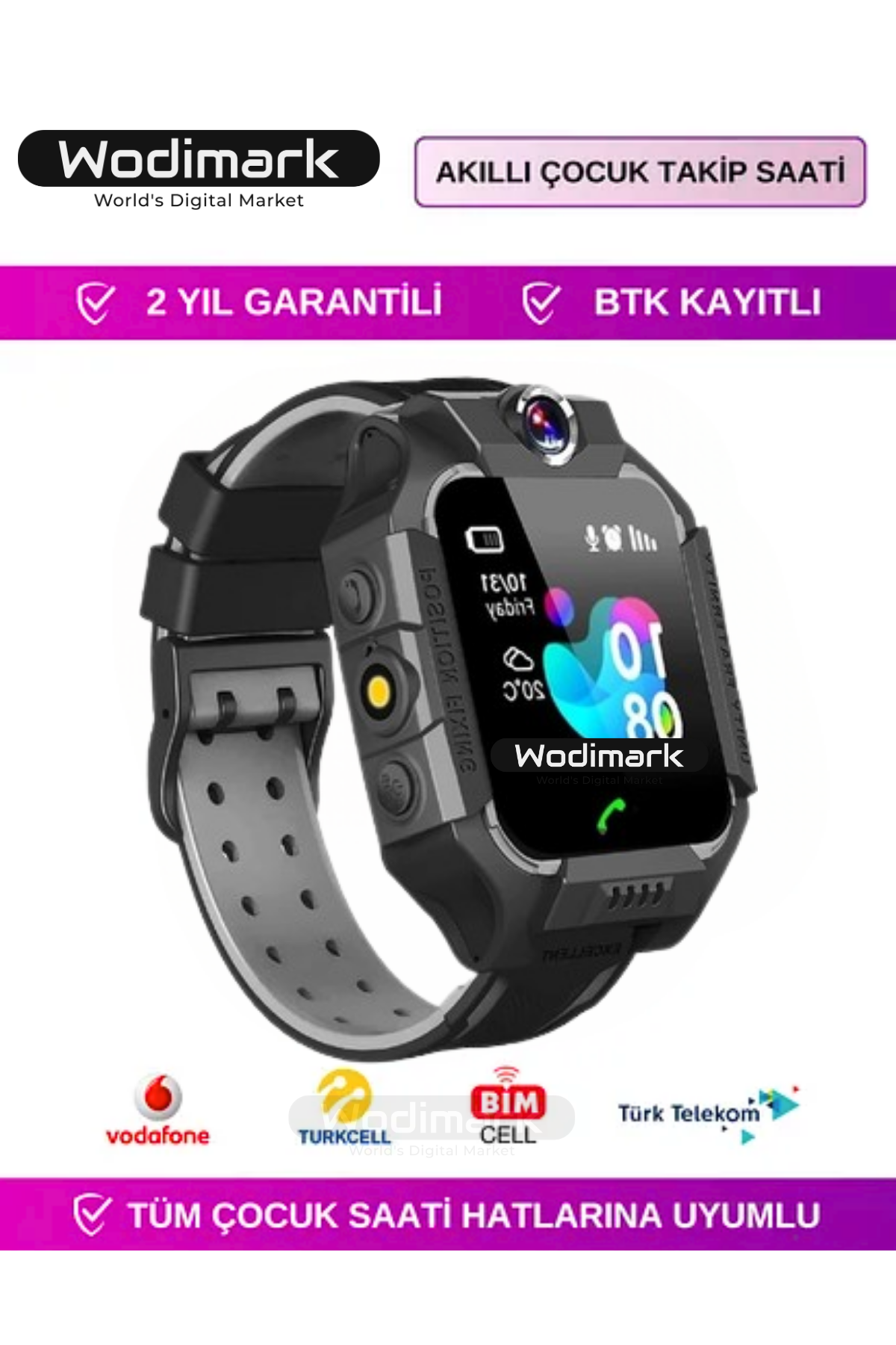 Wodimark Sim Kartlı LBS Konumlu Kameralı Akıllı Çocuk Takip Saati – SOS Acil Arama, Gizli Dinleme, IMEI Kayıt (SİYAH)