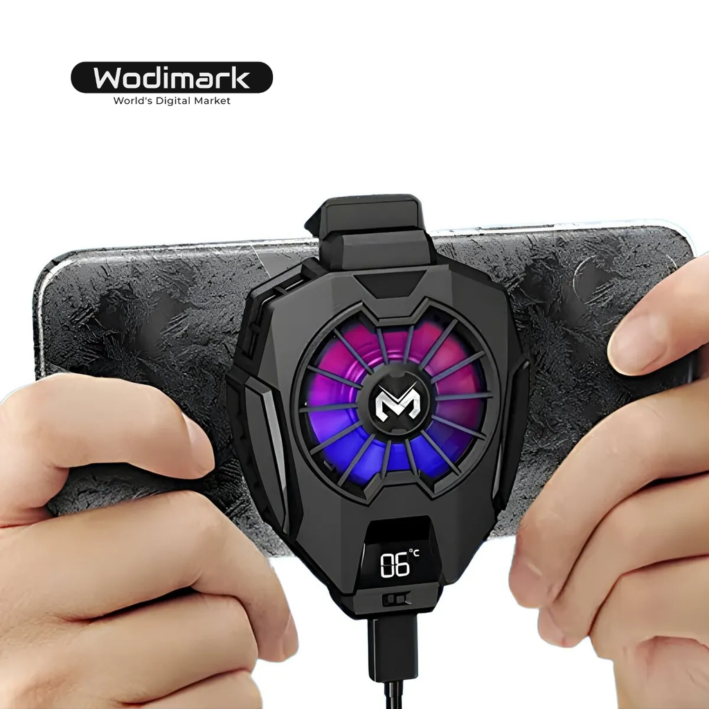 Wodimark 7500RPM LED Işıklı Telefon Soğutucu Fan – Radyatörlü, Sıcaklık Göstergeli, Ultra Sessiz ve RGB Efektli Oyun Soğutucu