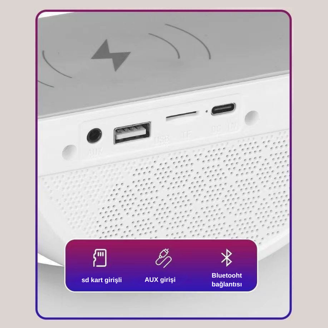 Kablosuz Şarj Standlı RGB Işıklı Bluetooth Hoparlör Gece Lambası Çok Fonk...