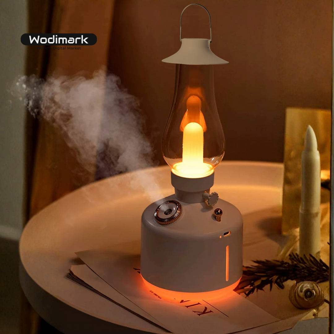Wodimark Retro Gaz Lambası Görünümlü Şarjlı Hava Nemlendirici | LED Gece Lambası & Aroma Difizör | Sessiz Nano Buhar Teknolojisi
