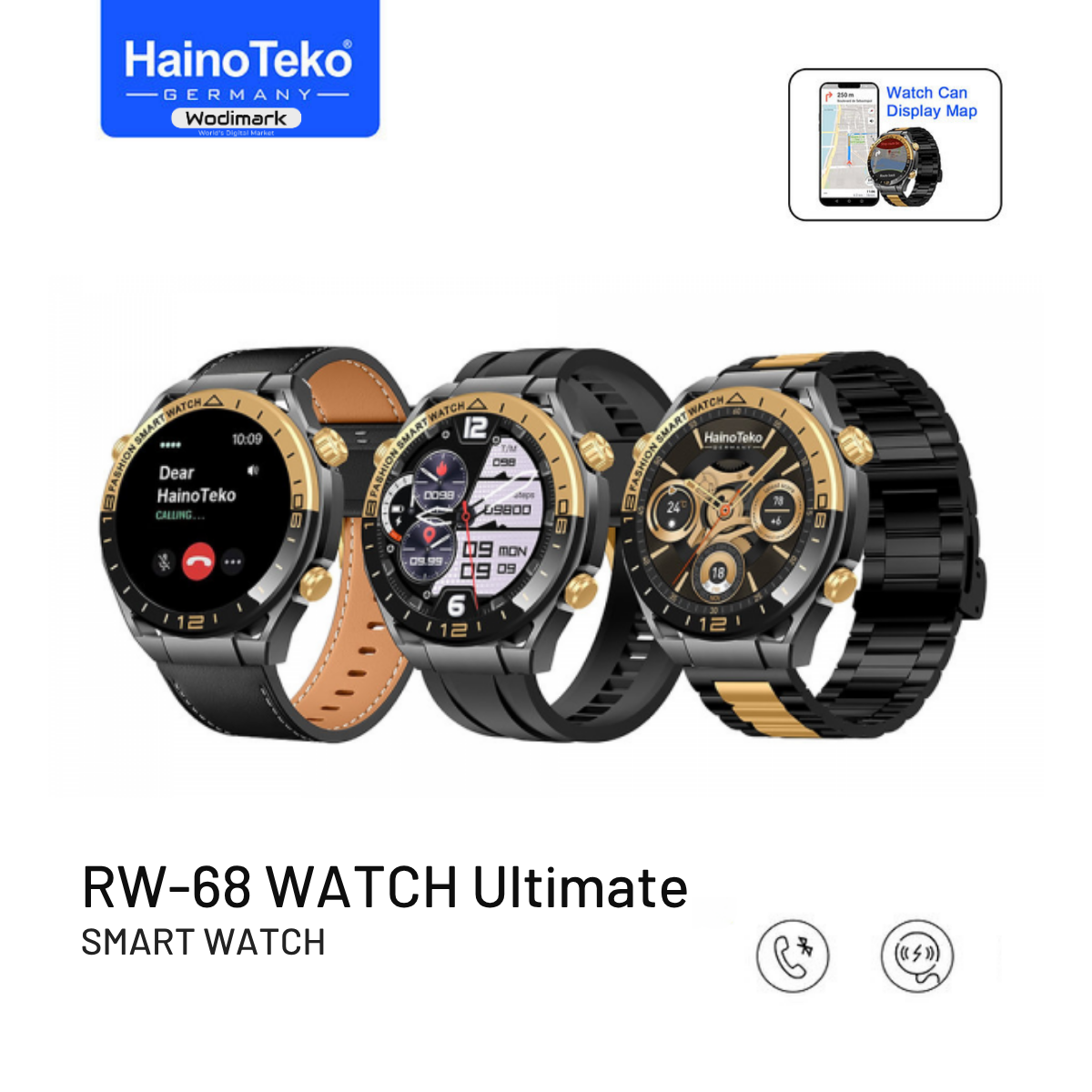 Wodimark Germany RW-68 Premium Erkek Akıllı Saat 3 Kordon Arama Sağlık Spor Taki