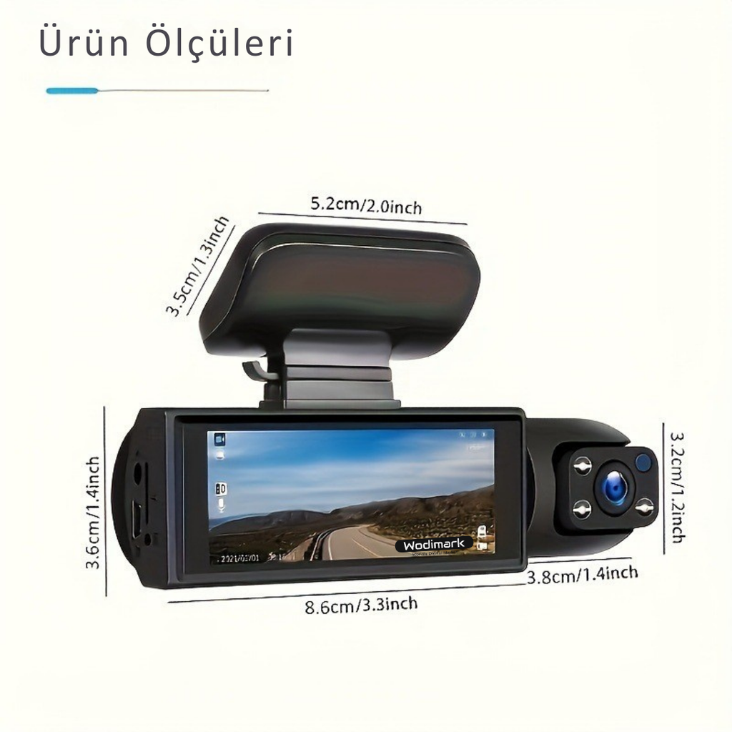Wodimark Araç İçi Kamera 3.16” LCD Ekran, 170° Geniş Açılı Lens, Gece Görüş, G-S