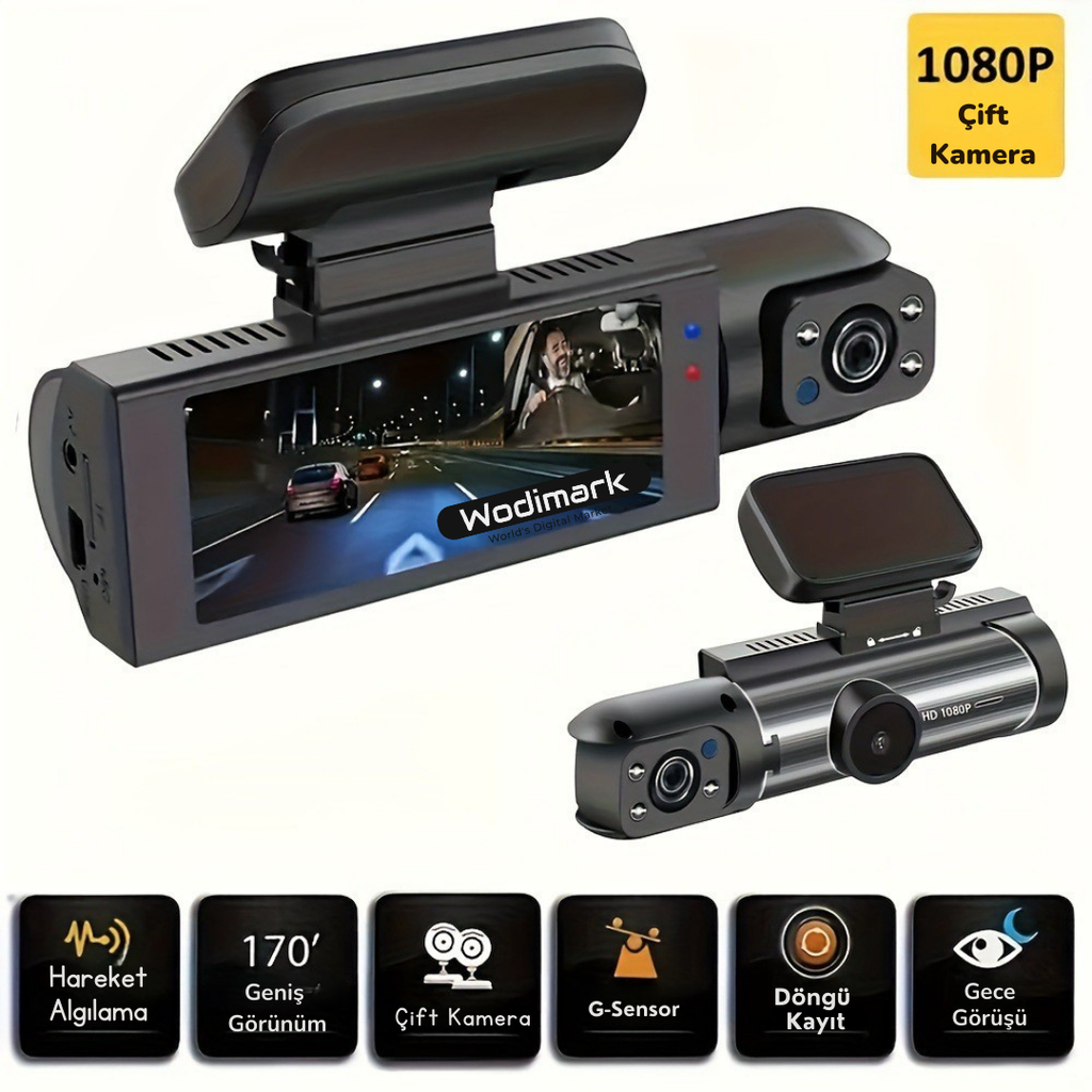 Wodimark Araç İçi Kamera 3.16” LCD Ekran, 170° Geniş Açılı Lens, Gece Görüş, G-S