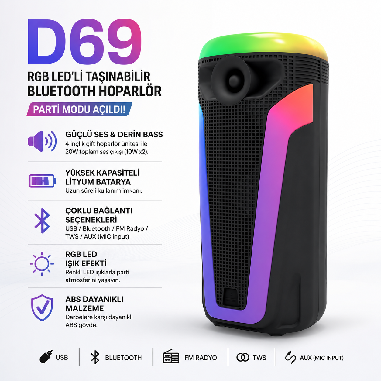 Wodimark RGB Ledli taşınabilir ses sistemi Bluetooth Hoparlör