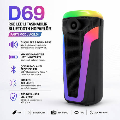 Wodimark RGB Ledli taşınabilir ses sistemi Bluetooth Hoparlör