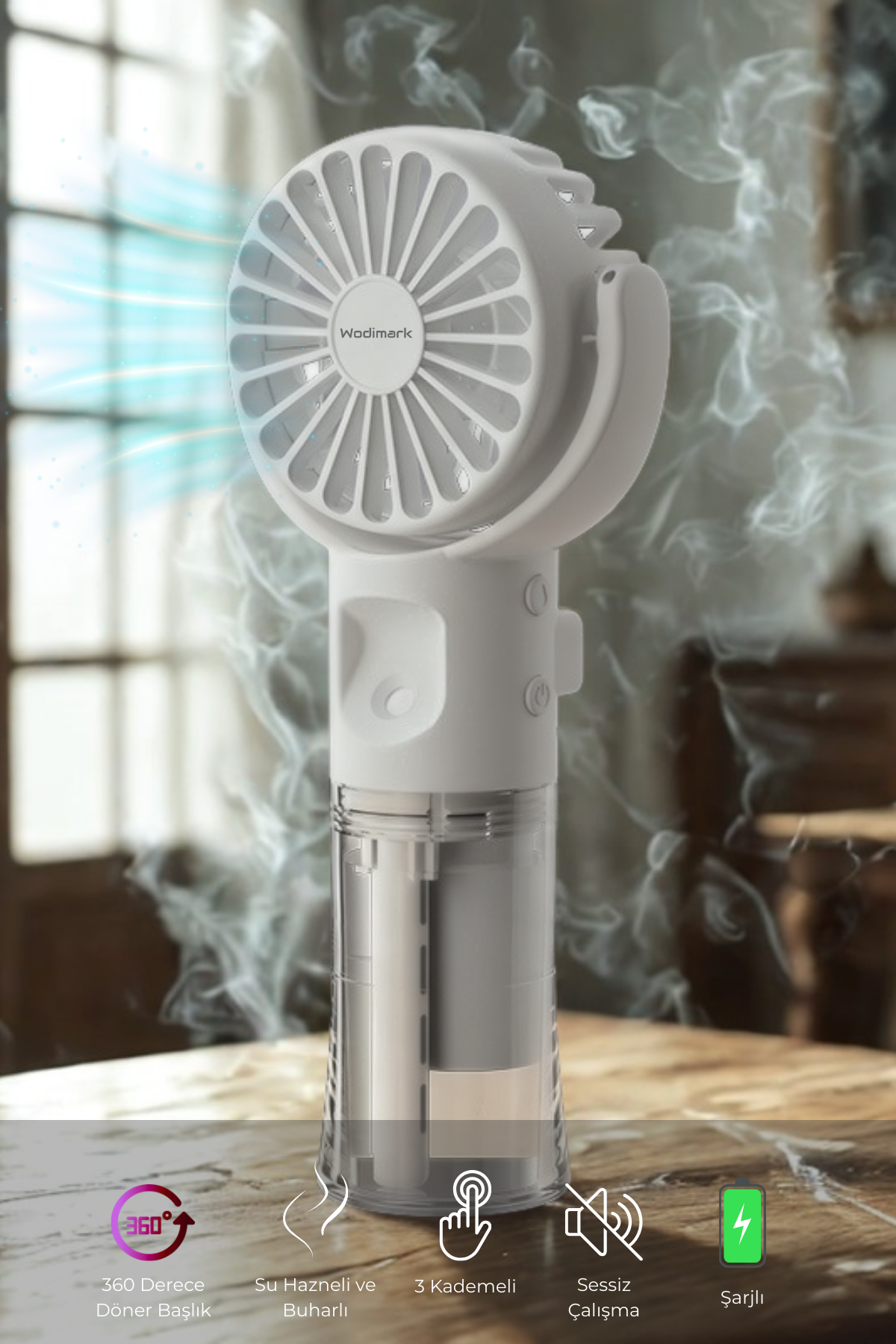Wodimark El Tipi Sulu Buharlı Fan Şarjlı Vantilatör Mini Masaüstü El Fan Taşınab