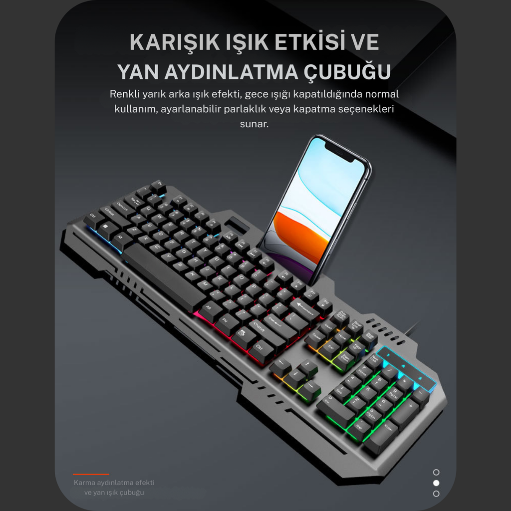 RGB Oyuncu Klavye Mouse Seti | Metal Gövdeli, Tam Boyutlu Q Klavye, Optik Mouse | USB Kablolu Gaming Set