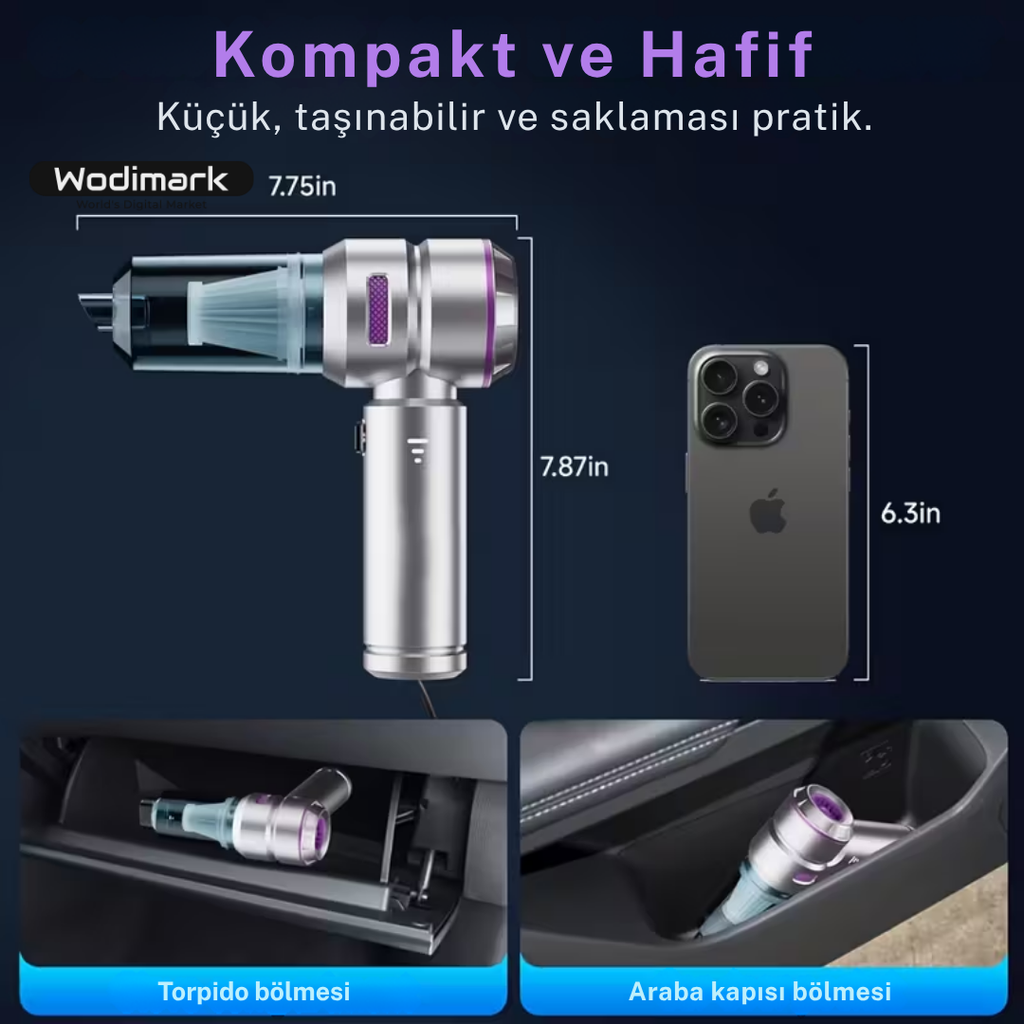 20.000Pa Güçlü Kablosuz El Süpürgesi | 4’ü 1 Arada Mini Vakum, LED Ekranlı & Üfleme Özellikli – Araba ve Ev Temizliği İçin