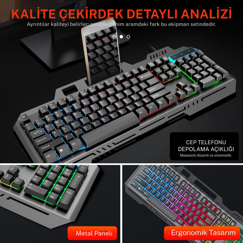 RGB Oyuncu Klavye Mouse Seti | Metal Gövdeli, Tam Boyutlu Q Klavye, Optik Mouse | USB Kablolu Gaming Set