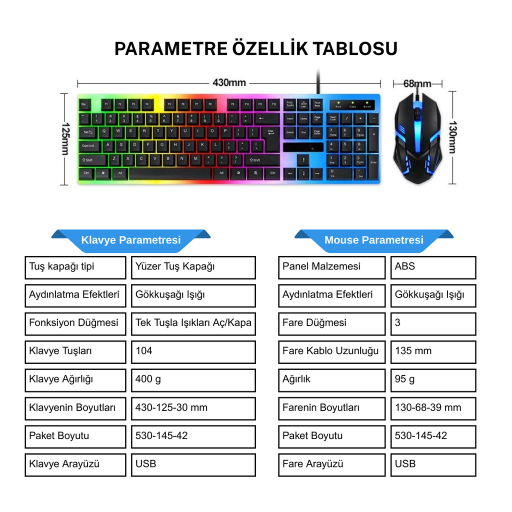 RGB Oyuncu Klavye Mouse Seti | Metal Gövdeli, Tam Boyutlu Q Klavye, 1600 DPI Gaming Mouse | USB Kablolu