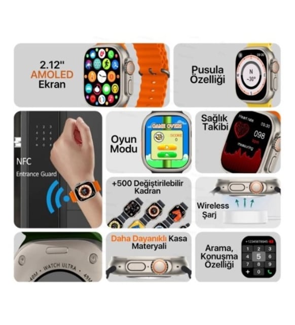 hk8 Pro Max Amoled Ekran 2.12 Inç Akıllı Saat Bluetooth Siri Nfc Android Ios Uyumlu Real watch