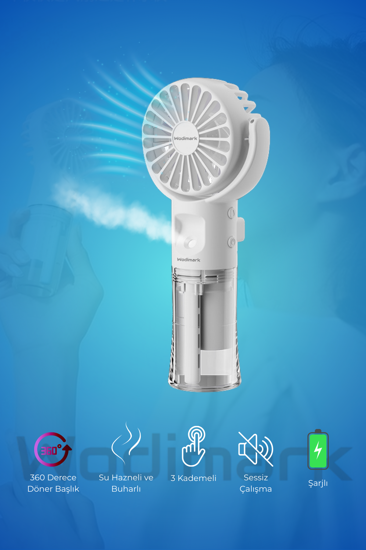 Wodimark El Tipi Sulu Buharlı Fan Şarjlı Vantilatör Mini Masaüstü El Fan Taşınab