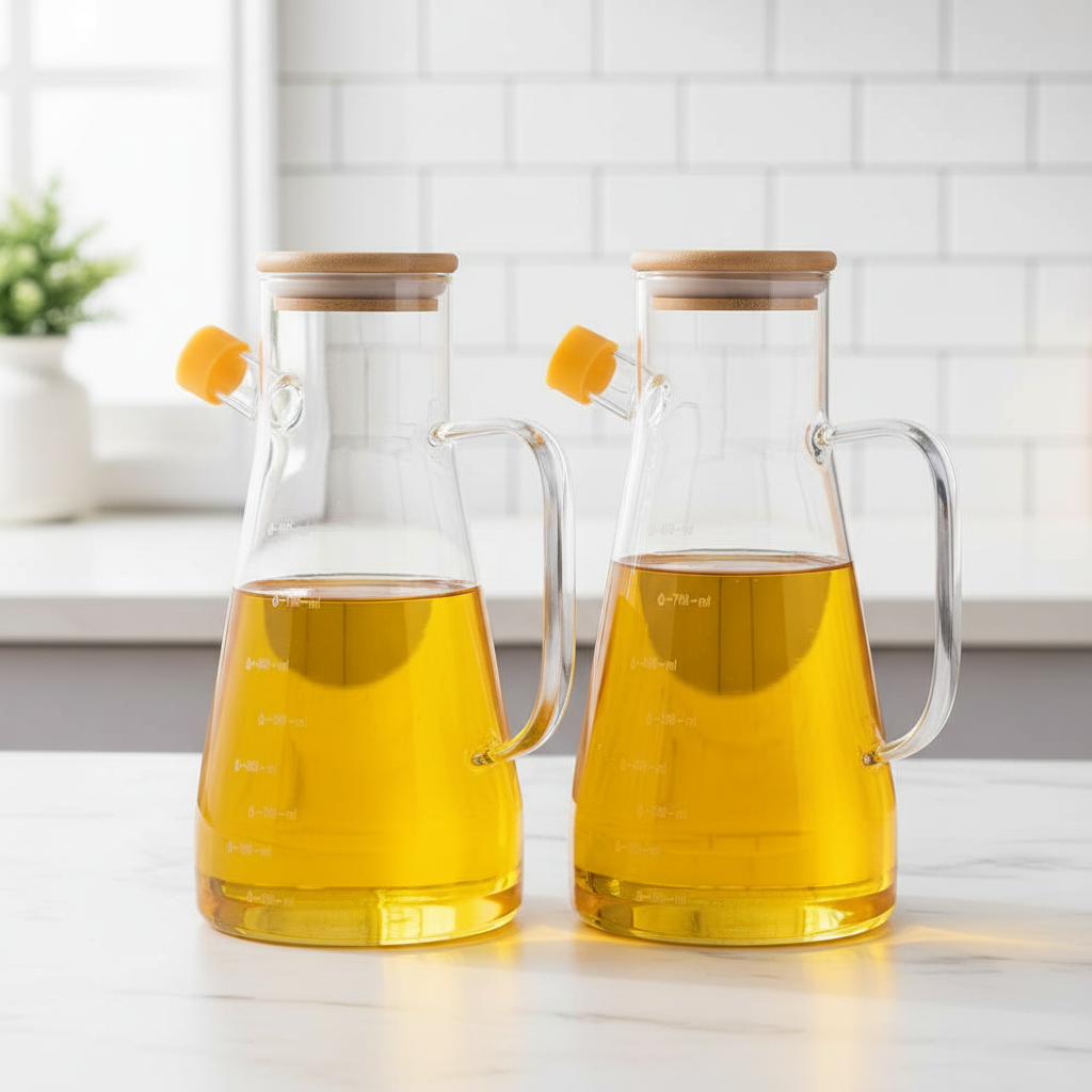 2 Adet Bambu Kapaklı Borosilikat Cam Yağdanlık 900 ml- Airfryer, Izgara, Fritöz, Salata, Yemek Püskürtmeli Yağdanlık