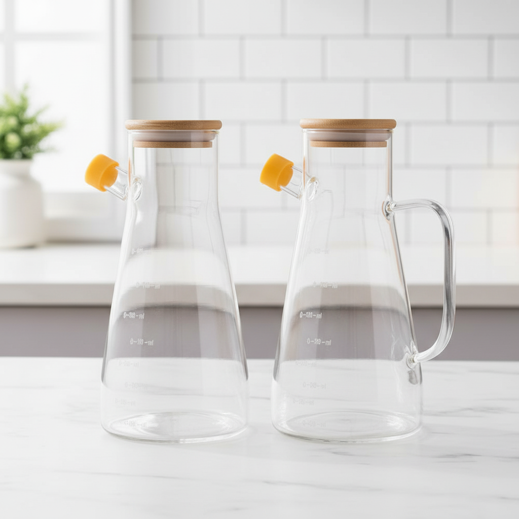 2 Adet Bambu Kapaklı Borosilikat Cam Yağdanlık 900 ml- Airfryer, Izgara, Fritöz, Salata, Yemek Püskürtmeli Yağdanlık