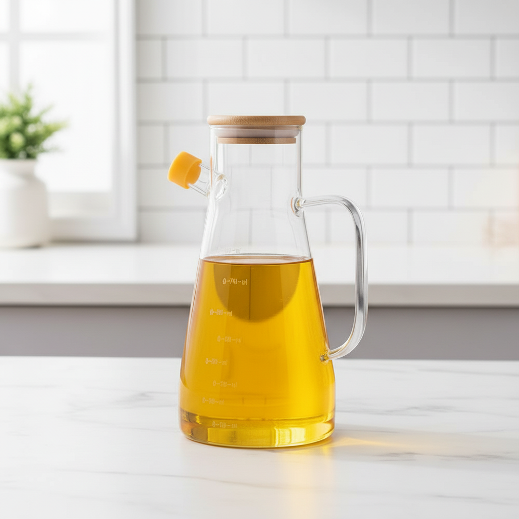 1 Adet Bambu Kapaklı Borosilikat Cam Yağdanlık 900 ml- Airfryer, Izgara, Fritöz, Salata, Yemek Püskürtmeli Yağdanlık