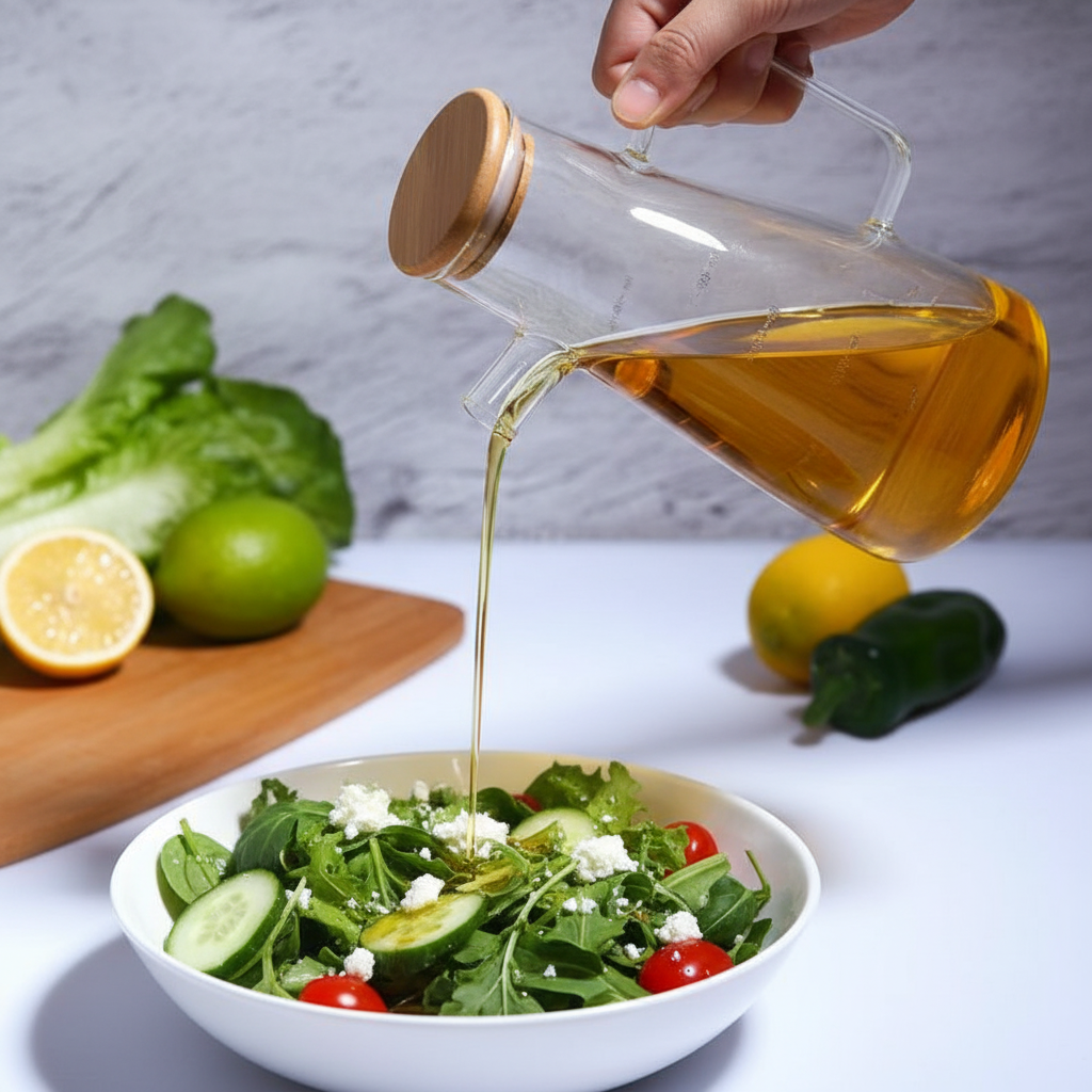 2 Adet Bambu Kapaklı Borosilikat Cam Yağdanlık 900 ml- Airfryer, Izgara, Fritöz, Salata, Yemek Püskürtmeli Yağdanlık