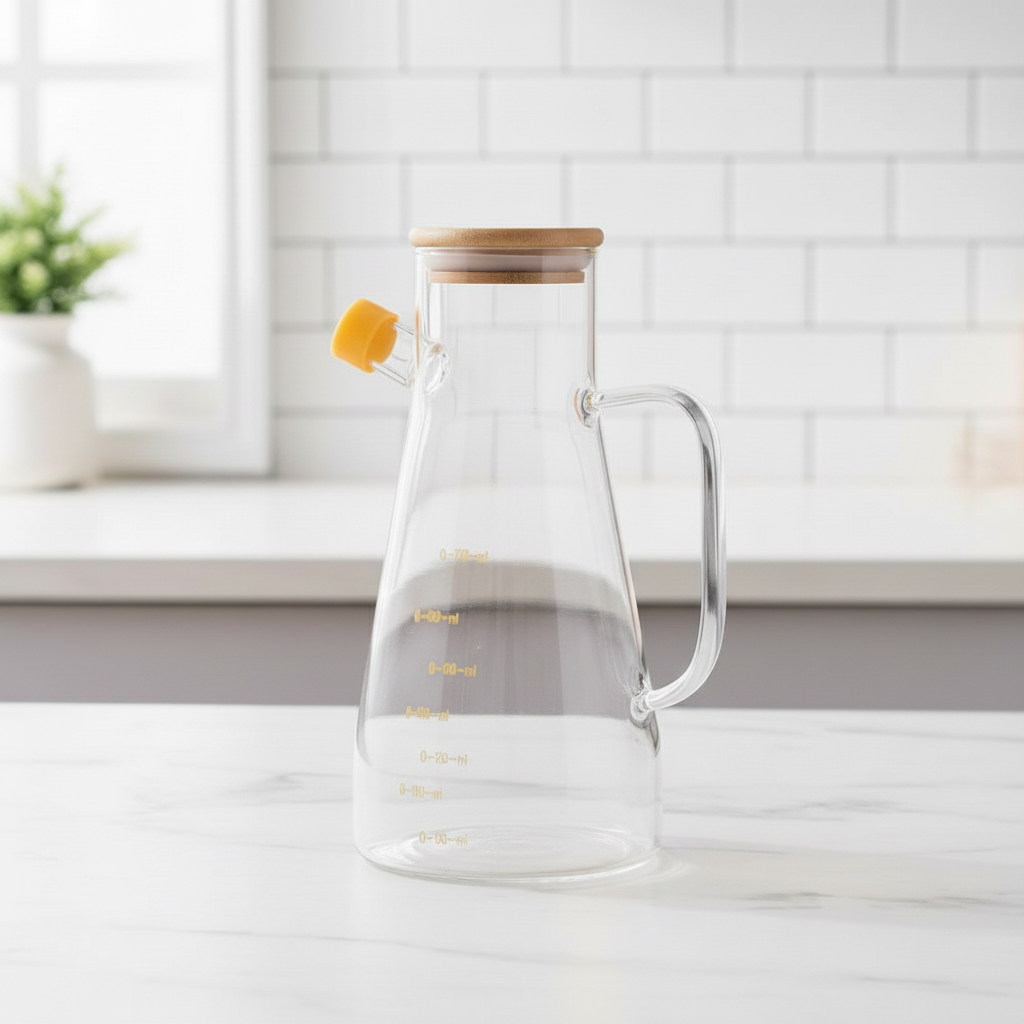 1 Adet Bambu Kapaklı Borosilikat Cam Yağdanlık 900 ml- Airfryer, Izgara, Fritöz, Salata, Yemek Püskürtmeli Yağdanlık